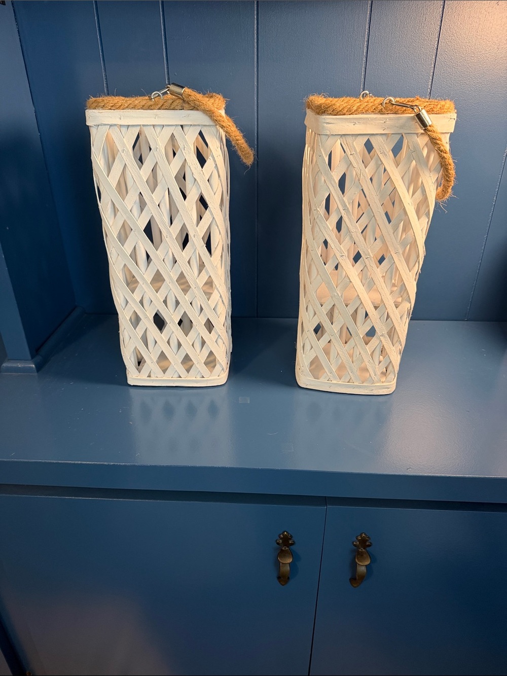 White Woven Lantern Pair with Rope Handles -